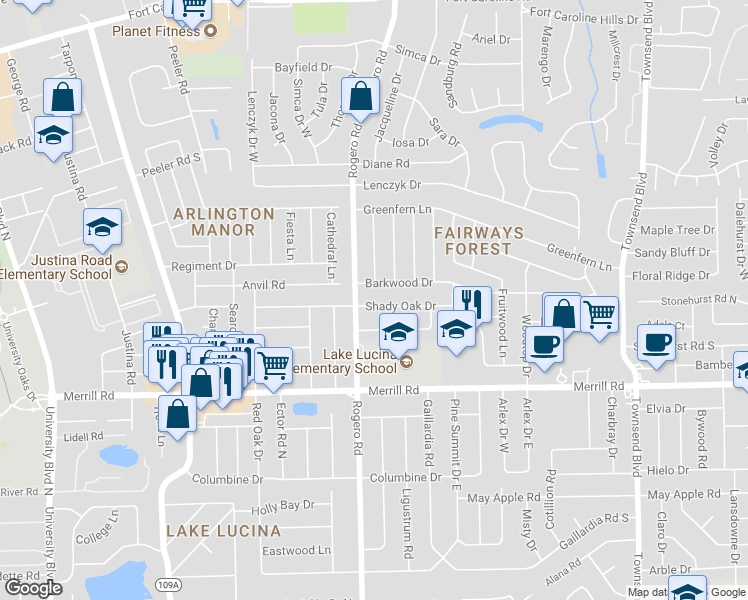 map of restaurants, bars, coffee shops, grocery stores, and more near 6504 Barkwood Drive in Jacksonville