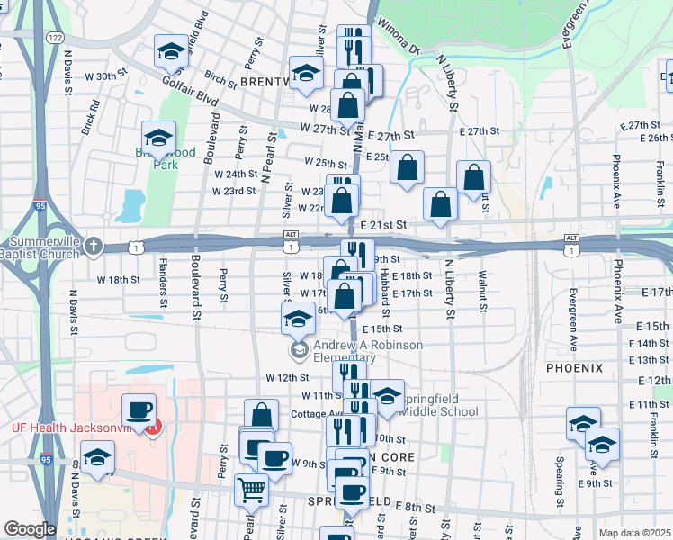 map of restaurants, bars, coffee shops, grocery stores, and more near 2822 North Main Street in Jacksonville