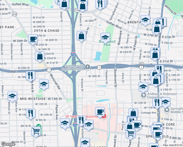 map of restaurants, bars, coffee shops, grocery stores, and more near 2830 Mars Street in Jacksonville