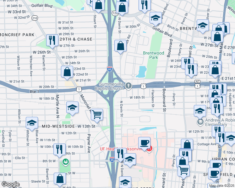 map of restaurants, bars, coffee shops, grocery stores, and more near 2822 North Davis Street in Jacksonville