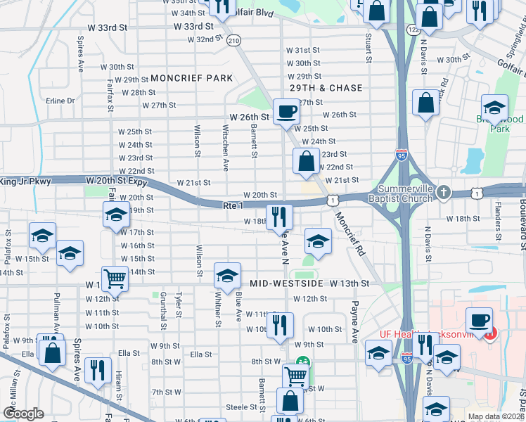 map of restaurants, bars, coffee shops, grocery stores, and more near in Jacksonville