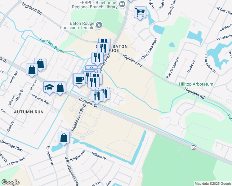 map of restaurants, bars, coffee shops, grocery stores, and more near 10600 Lakes Boulevard in Baton Rouge