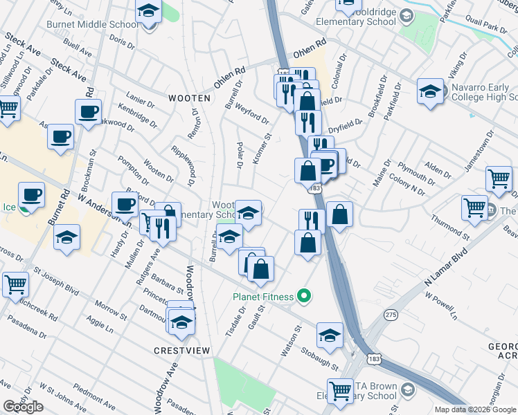 map of restaurants, bars, coffee shops, grocery stores, and more near 1409 Beckett Street in Austin