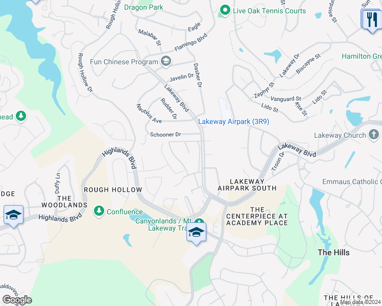 map of restaurants, bars, coffee shops, grocery stores, and more near 160 World of Tennis in Lakeway