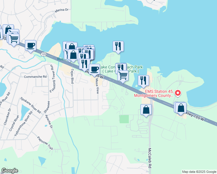 map of restaurants, bars, coffee shops, grocery stores, and more near 14949 Texas 105 in Montgomery