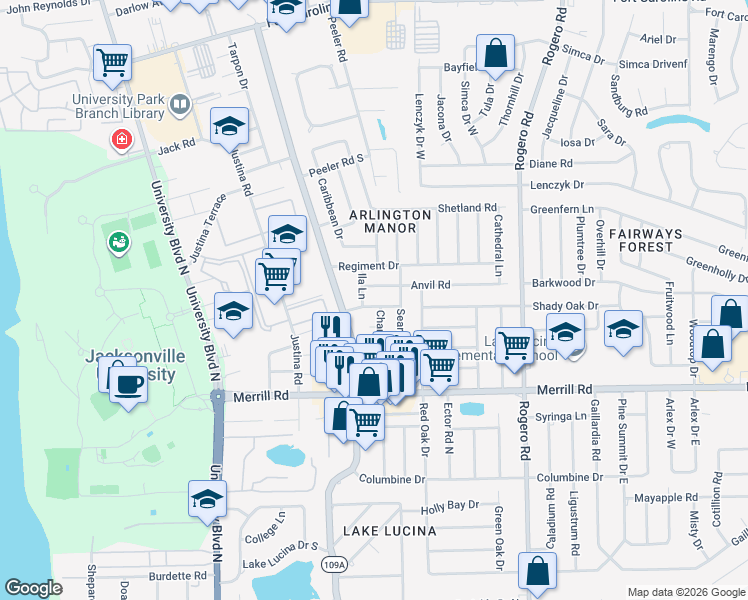 map of restaurants, bars, coffee shops, grocery stores, and more near 6028 Anvil Road in Jacksonville