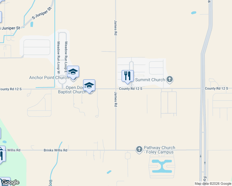 map of restaurants, bars, coffee shops, grocery stores, and more near 21000-21114 County Road 12 in Foley