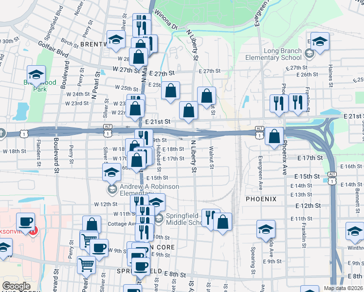 map of restaurants, bars, coffee shops, grocery stores, and more near 232 East 19th Street in Jacksonville