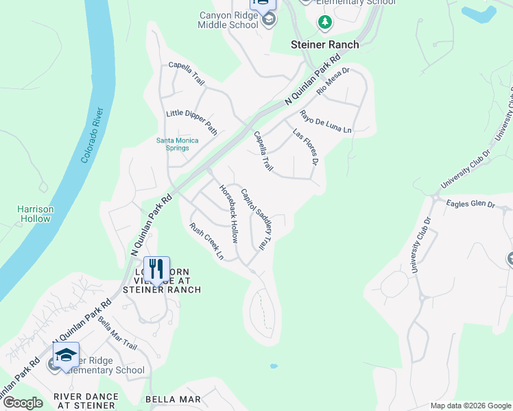 map of restaurants, bars, coffee shops, grocery stores, and more near 12500 Capitol Saddlery Trail in Austin