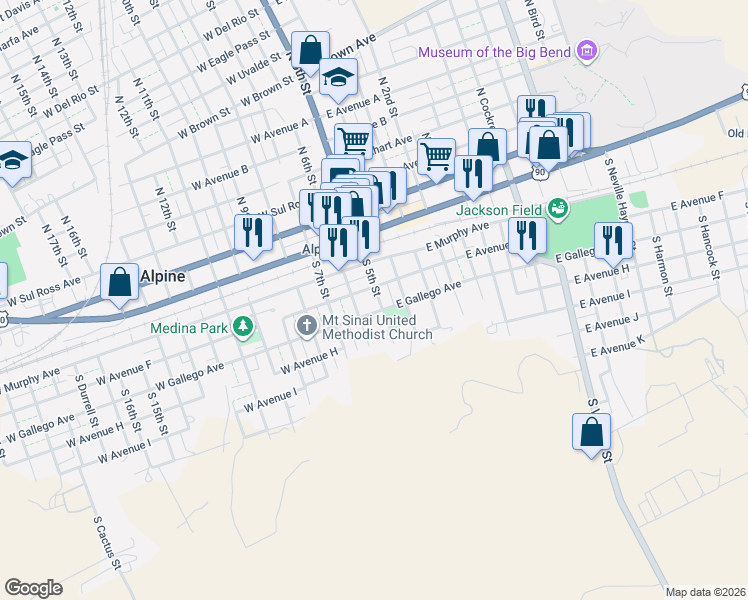 map of restaurants, bars, coffee shops, grocery stores, and more near 303 S 5th St in Alpine