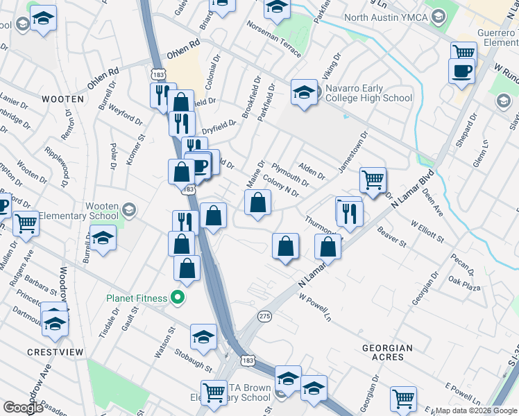 map of restaurants, bars, coffee shops, grocery stores, and more near 8401 Staunton Drive in Austin