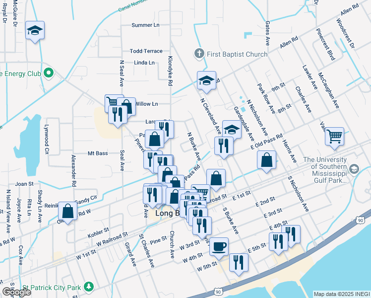 map of restaurants, bars, coffee shops, grocery stores, and more near 300-498 Meadowood Circle in Long Beach