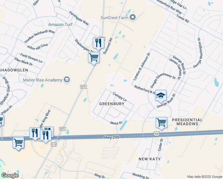 map of restaurants, bars, coffee shops, grocery stores, and more near 18004 Canopy Lane in Manor