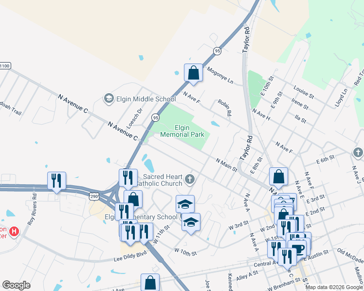 map of restaurants, bars, coffee shops, grocery stores, and more near 1127 North Main Street in Elgin