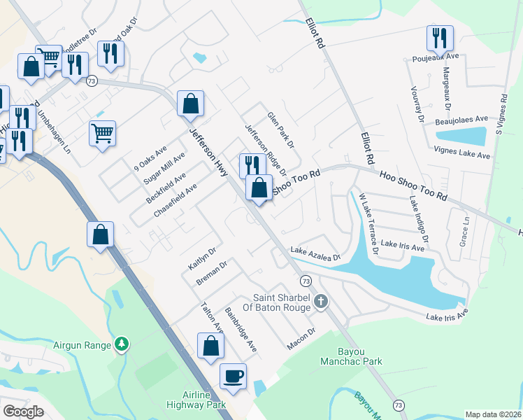map of restaurants, bars, coffee shops, grocery stores, and more near 17450 Hoo Shoo Too Road in Baton Rouge