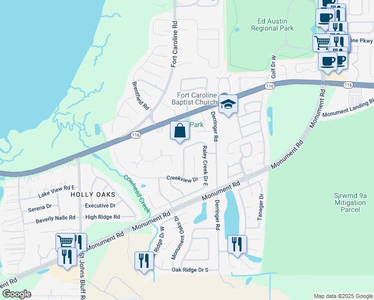 map of restaurants, bars, coffee shops, grocery stores, and more near 1997 Raley Creek Drive West in Jacksonville