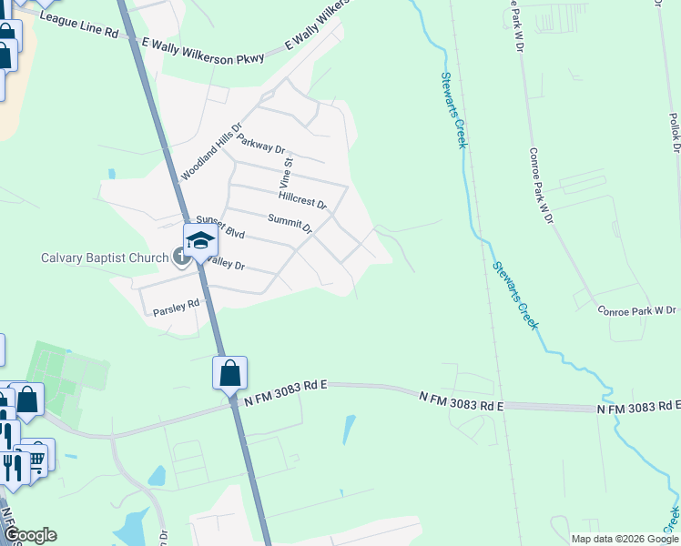 map of restaurants, bars, coffee shops, grocery stores, and more near 102 Summit Drive in Conroe