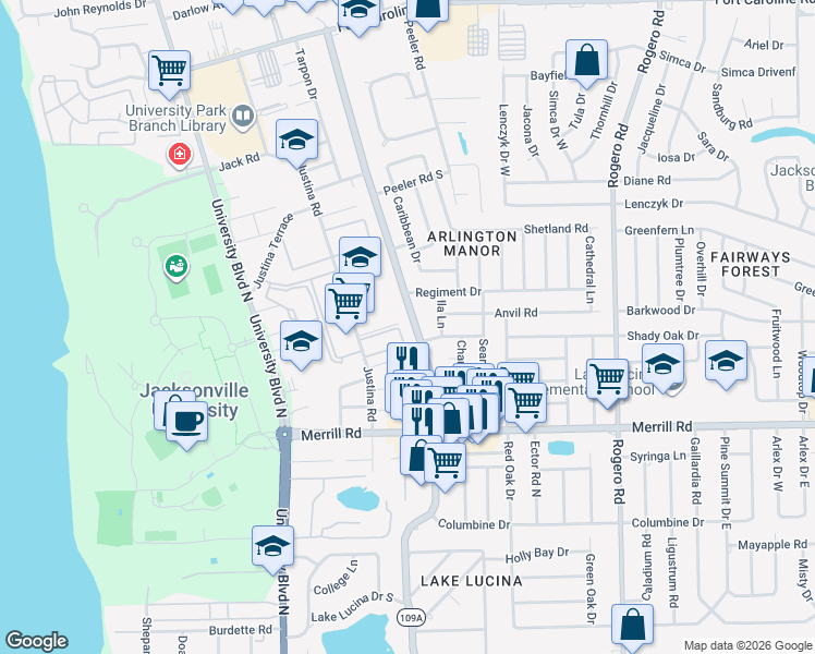 map of restaurants, bars, coffee shops, grocery stores, and more near 2951 Justina Road in Jacksonville