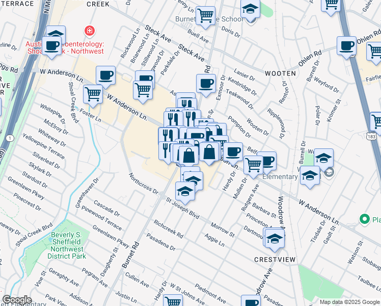 map of restaurants, bars, coffee shops, grocery stores, and more near 7835 Burnet Road in Austin