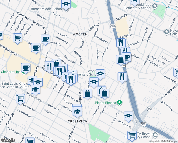 map of restaurants, bars, coffee shops, grocery stores, and more near 8014 Burrell Drive in Austin