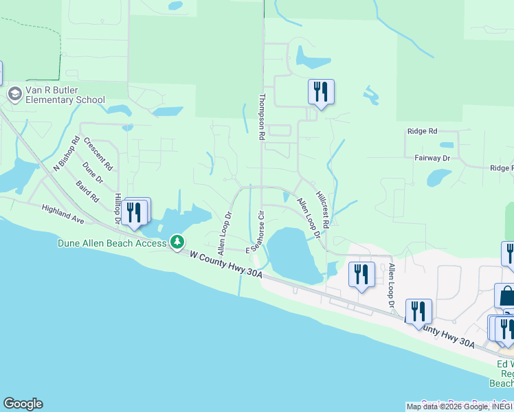 map of restaurants, bars, coffee shops, grocery stores, and more near 56 Seamist Lane in Santa Rosa Beach