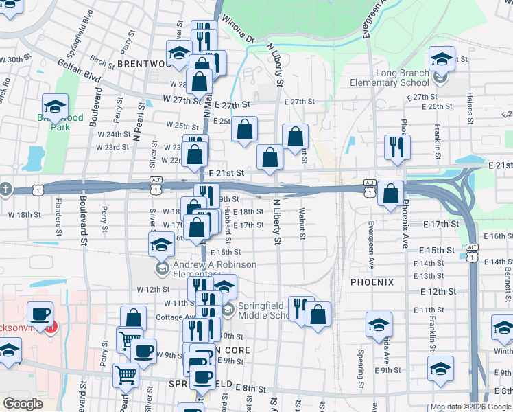 map of restaurants, bars, coffee shops, grocery stores, and more near 2824 Market Street in Jacksonville