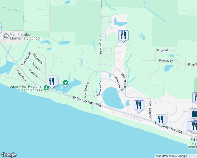 map of restaurants, bars, coffee shops, grocery stores, and more near 56 Seamist Lane in Santa Rosa Beach