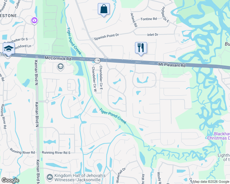 map of restaurants, bars, coffee shops, grocery stores, and more near 1703 Bristlecone Pine Place in Jacksonville