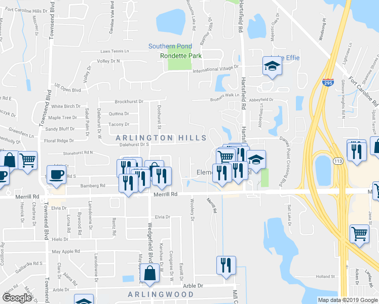 map of restaurants, bars, coffee shops, grocery stores, and more near 7946 Dalehurst Drive South in Jacksonville