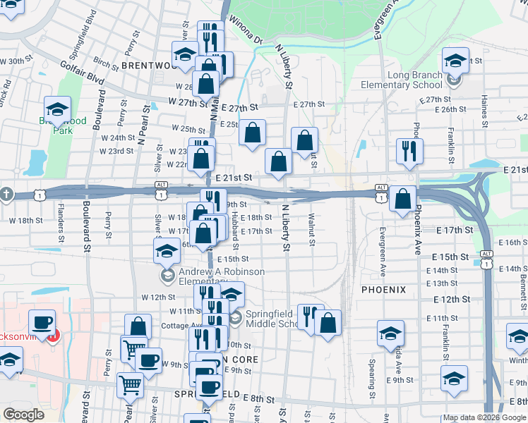map of restaurants, bars, coffee shops, grocery stores, and more near 2824 Market Street in Jacksonville