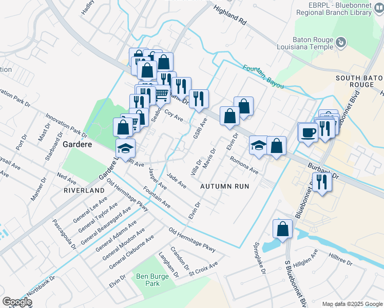 map of restaurants, bars, coffee shops, grocery stores, and more near 8934 GSRI Avenue in Baton Rouge