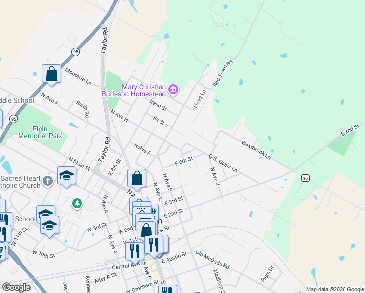 map of restaurants, bars, coffee shops, grocery stores, and more near 517 North Avenue H in Elgin