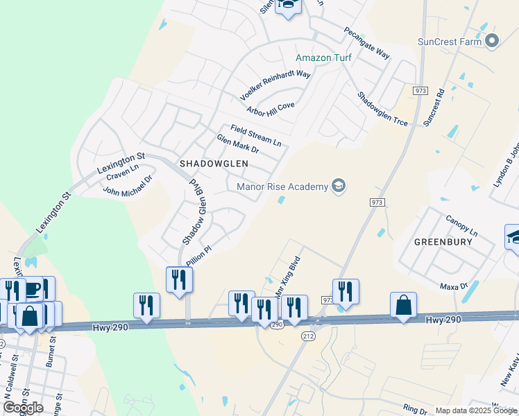 map of restaurants, bars, coffee shops, grocery stores, and more near 13832 Field Spar Drive in Manor