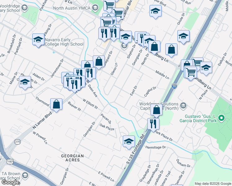 map of restaurants, bars, coffee shops, grocery stores, and more near 8841 Florence Drive in Austin