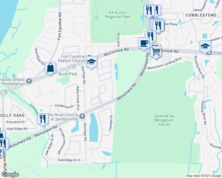 map of restaurants, bars, coffee shops, grocery stores, and more near 11559 Pin Oak Trail in Jacksonville