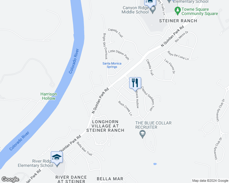 map of restaurants, bars, coffee shops, grocery stores, and more near 12717 Bright Sky Overlook in Austin