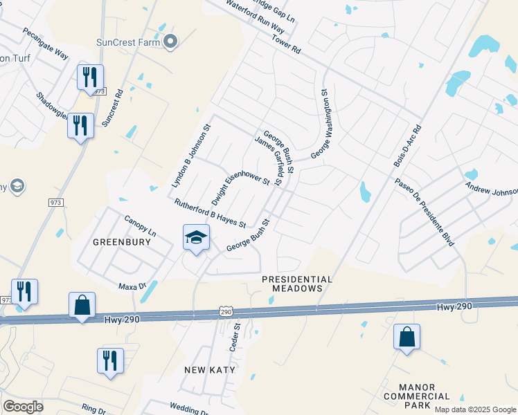 map of restaurants, bars, coffee shops, grocery stores, and more near 13605 Gerald Ford Street in Manor