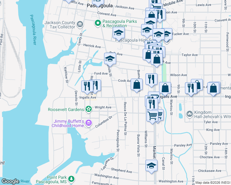 map of restaurants, bars, coffee shops, grocery stores, and more near 1912 Pascagoula Street in Pascagoula