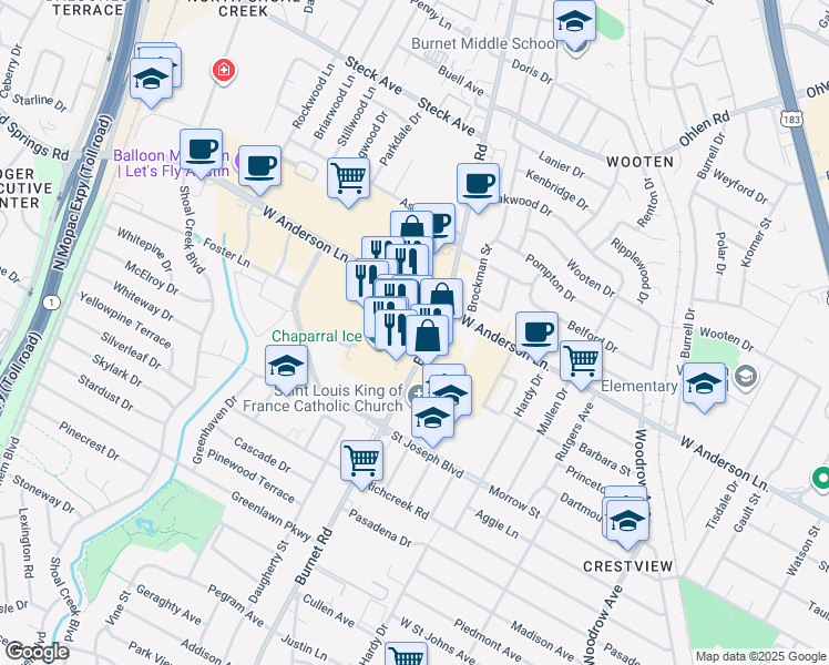 map of restaurants, bars, coffee shops, grocery stores, and more near 7816 Burnet Road in Austin