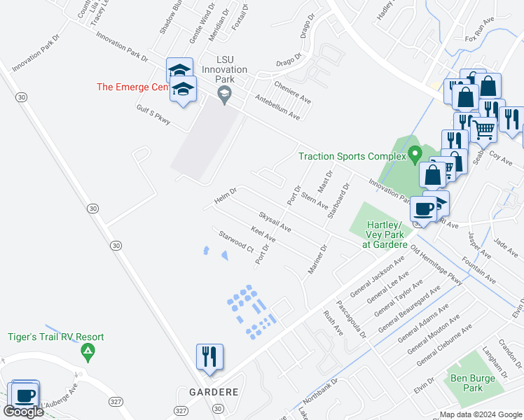 map of restaurants, bars, coffee shops, grocery stores, and more near 8121 Skysail Avenue in Baton Rouge