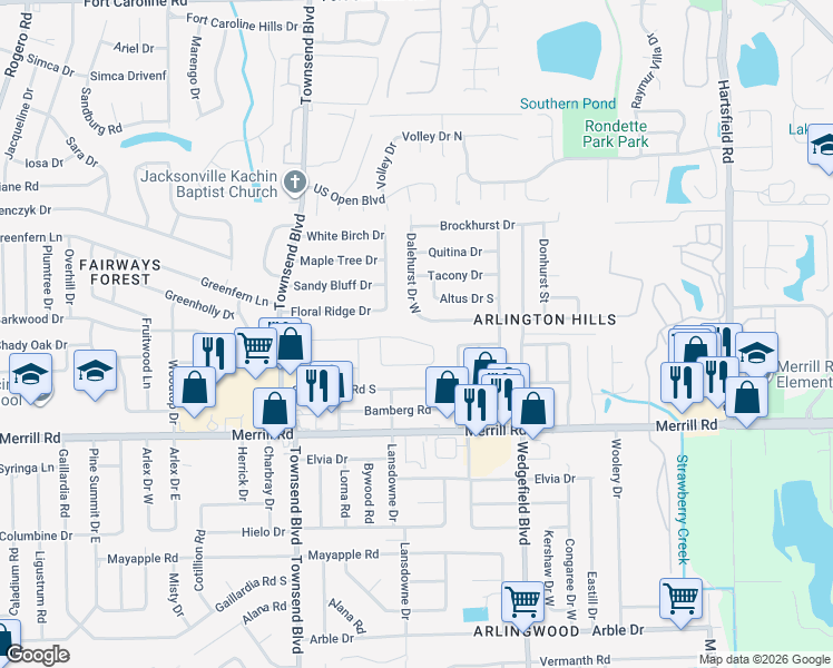 map of restaurants, bars, coffee shops, grocery stores, and more near 7431 Stonehurst Road North in Jacksonville