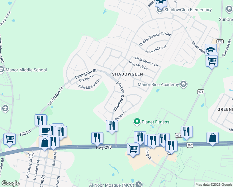 map of restaurants, bars, coffee shops, grocery stores, and more near 13604 Branch Light Lane in Manor