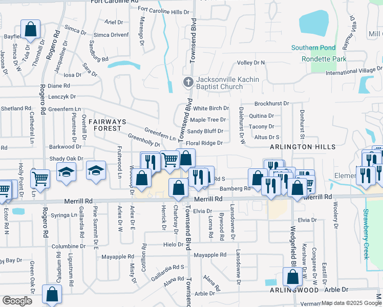 map of restaurants, bars, coffee shops, grocery stores, and more near 7211 Stonehurst Road North in Jacksonville
