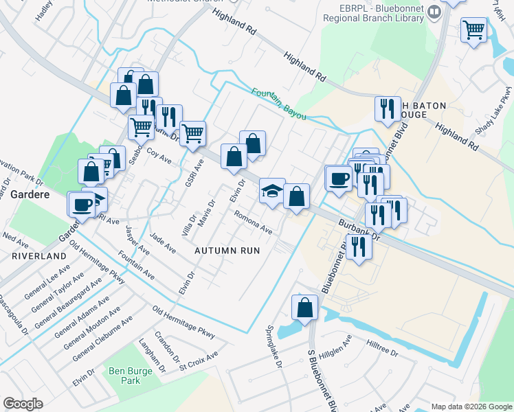 map of restaurants, bars, coffee shops, grocery stores, and more near 9474 Pecan Tree Drive in Baton Rouge