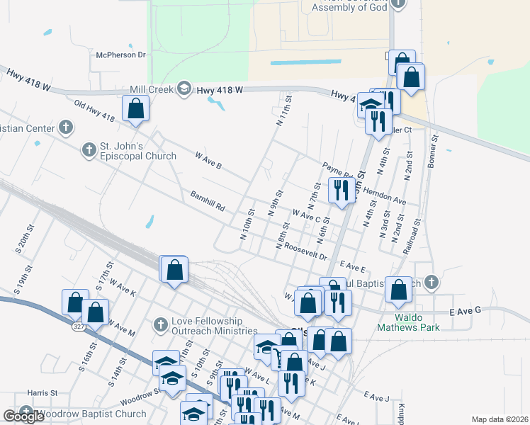 map of restaurants, bars, coffee shops, grocery stores, and more near 735 North 9th Street in Silsbee