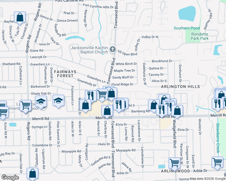map of restaurants, bars, coffee shops, grocery stores, and more near 7203 Stonehurst Road North in Jacksonville
