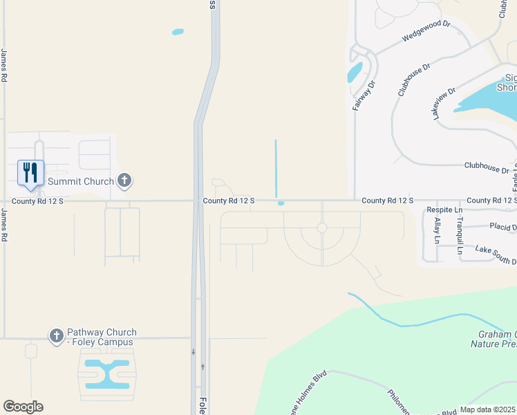 map of restaurants, bars, coffee shops, grocery stores, and more near 21921 Aleutian Avenue in Foley