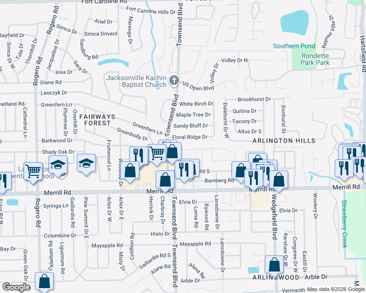 map of restaurants, bars, coffee shops, grocery stores, and more near 7203 Stonehurst Road North in Jacksonville