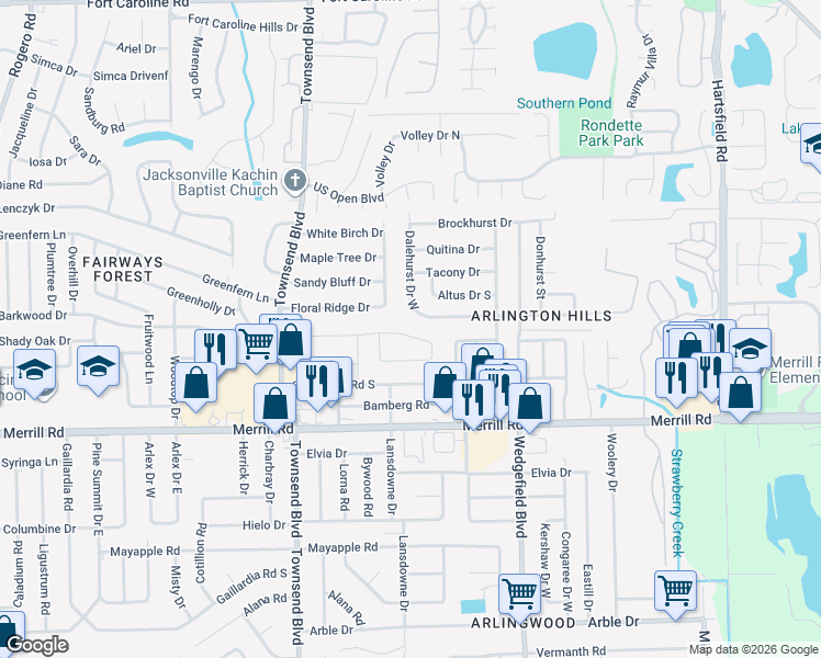 map of restaurants, bars, coffee shops, grocery stores, and more near 7431 Stonehurst Road North in Jacksonville