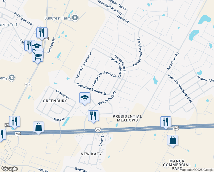 map of restaurants, bars, coffee shops, grocery stores, and more near 13605 Gerald Ford Street in Manor